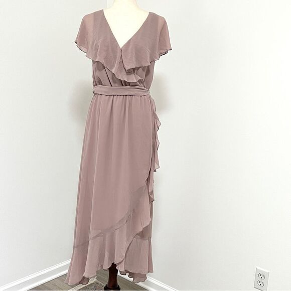 Show Me Your MuMu Jess Ruffle MIDI Dress Neutral Mauve Chiffon XL Wedding Party - Picture 7 of 16